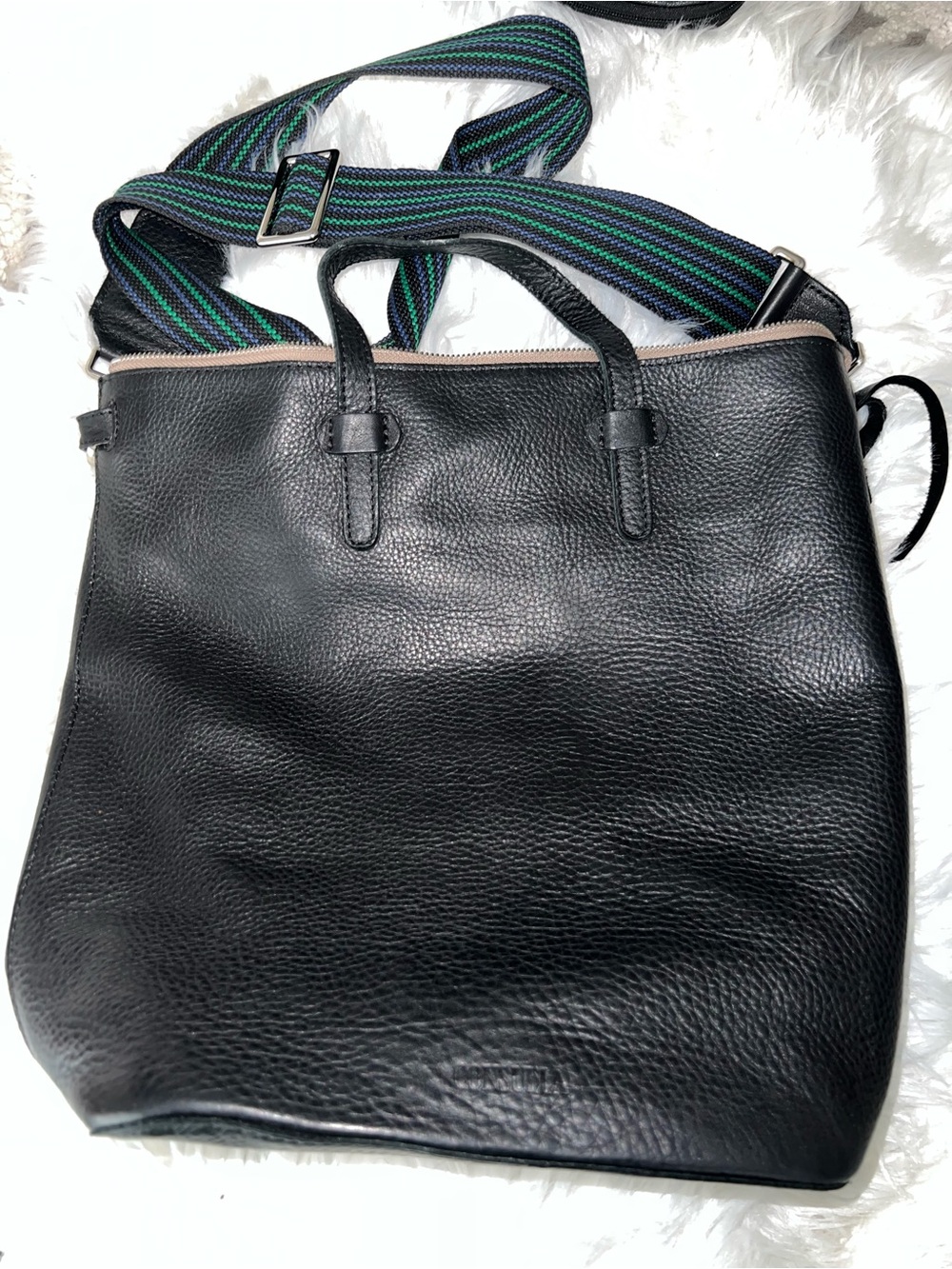 Consuela Black Leather Messenger Tote with Green-Blue Striped Strap, Cyndi Sling